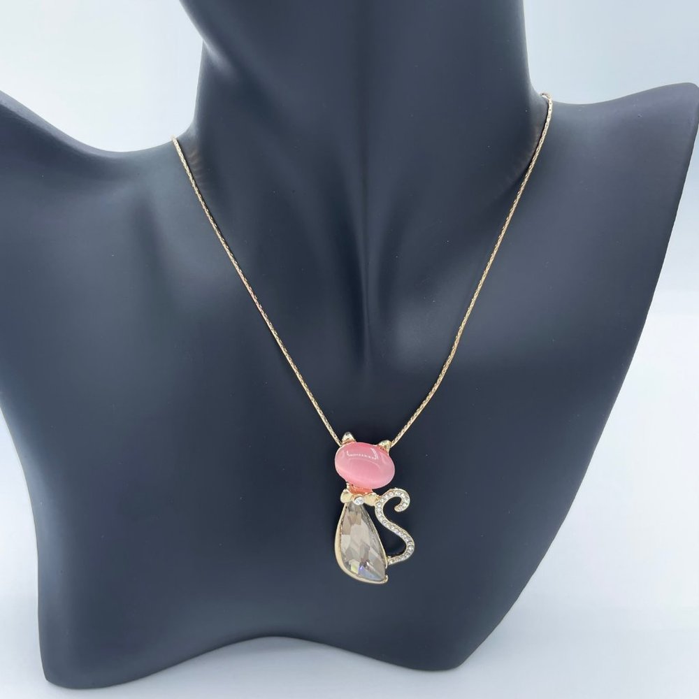 18KGF Rose Gold Over Silver Cubic Zirconia Cat Pendant Necklace Fashion Style